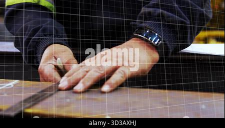 Marking carpenter hands using pencil ruler drawing line on plank at shop bench wearing wristwatch Stock Photo