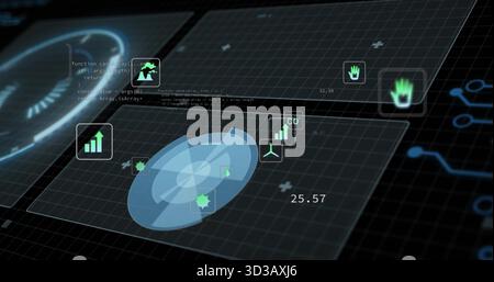 Central data panel floating in digital data interface, with radar graphic, code snippet and icons Stock Photo