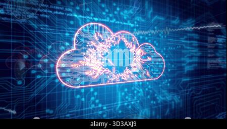 Floating glowing cloud icon pulsing in circuit interface with microchip motif and waveform graph Stock Photo