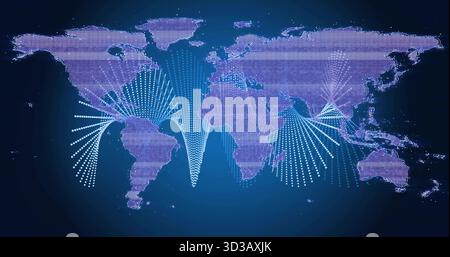 Displaying digital world map over blue gradient showing lit pixel clusters, blue dotted arrays Stock Photo