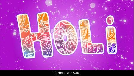 Displaying stylized HOLI block letters filling purple gradient canvas, with glowing white sparkles Stock Photo