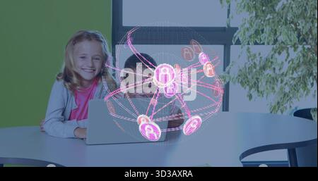 Using silver laptop father and daughters studying in study room, with holographic digital globe Stock Photo