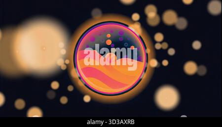 Showing circular emblem with layered orange dunes on canvas floating striped sphere dots orbs Stock Photo