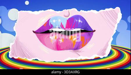 Floating torn paper sheet featuring pastel glossy lips over rainbow ring platform, with blue bokeh Stock Photo