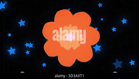 Displaying stylized orange flower graphic on black field, featuring blue star silhouettes Stock Photo