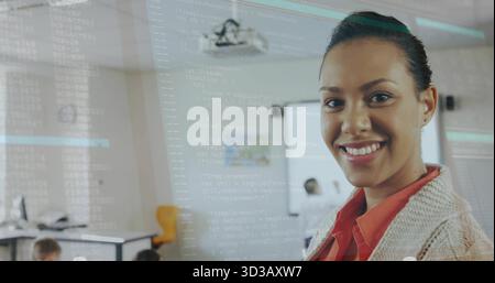 Smiling instructor presenting code in training room with projector and code overlay, copy space Stock Photo