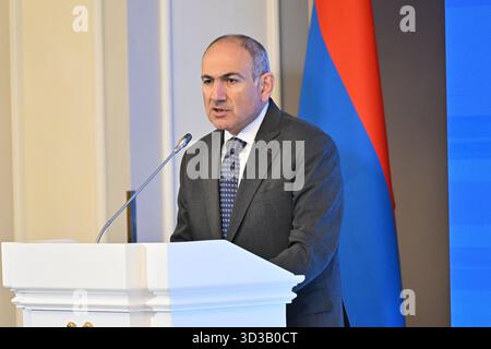 (251105) -- YEREVAN, Nov. 5, 2025 (Xinhua) -- Armenian Prime Minister Nikol Pashinyan speaks at the opening ceremony of the Orbeli Forum 2025 in Yerevan, Armenia, Nov. 4, 2025. The strategic partnership agreement signed between Armenia and China marks a new level in relations between the two countries, Armenian Prime Minister Nikol Pashinyan said on Tuesday. (Armenian state news agency Armenpress/Handout via Xinhua) Stock Photo