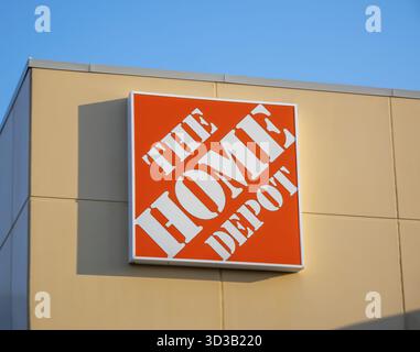 Calgary, Alberta, Canada. Jun 11, 2025. The iconic orange square logo of The Home Depot proudly displayed on its building, symbolizing home improvemen Stock Photo