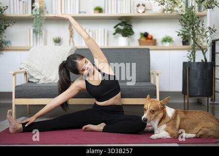 A young woman stretches on her yoga mat with her corgi dog sitting beside her, showcasing a joyful and active lifestyle in a cozy setting Stock Photo