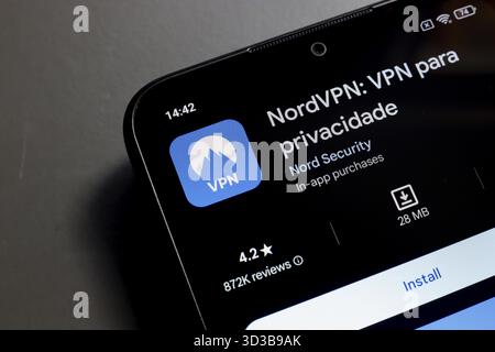 November 4, 2024, Brazil. In this photo illustration, the NordVPN app logo is displayed on a smartphone screen Stock Photo