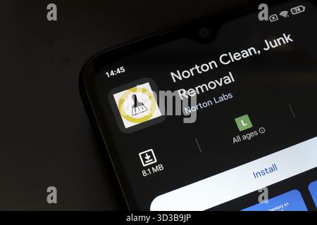 November 4, 2024, Brazil. In this photo illustration, the Norton Clean, Junk Removal app logo is displayed on a smartphone screen Stock Photo