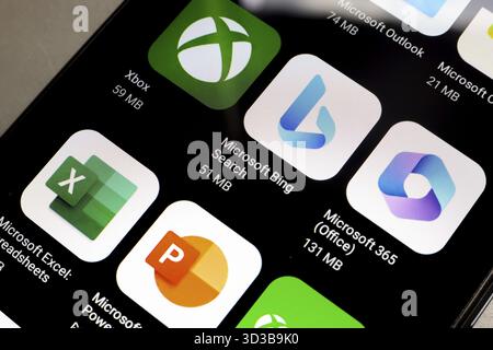 November 4, 2024, Brazil. In this photo illustration, the Xbox, Microsoft Bing, Microsoft 365, Microsoft Excel app logo is displayed on a smartphone s Stock Photo