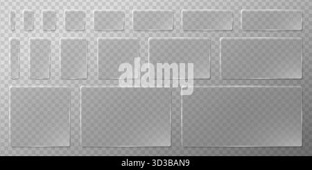 Minimal glassmorphism UI buttons and panels with soft blur and transparent 3D frames. Modern geometric glass morphism vector layout for app, web or HU Stock Vector
