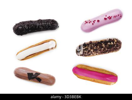 Food, Different types of French eclairs isolated on white Stock Photo
