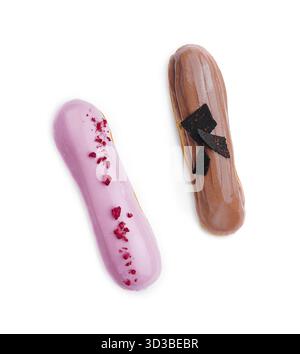 Food, Chocolate and raspberry eclairs isolated on white background Stock Photo
