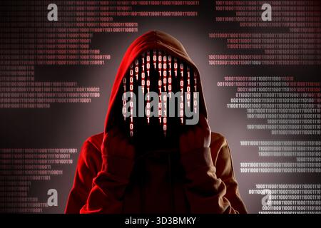 Cyber attack. Hacker with binary code instead of face on dark background Stock Photo