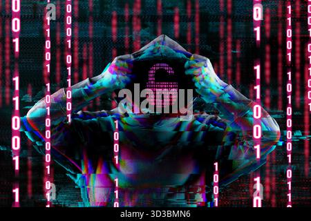 Cyber attack. Hacker with lock instead of face and binary code, glitch effect Stock Photo