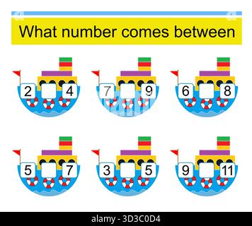 Educational games for kids. What number comes between. Stock Vector