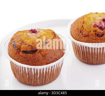 Food, Two banana cupcakes on white plate Stock Photo