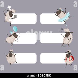 Cartoon sheeps. cute animals sheeps in action poses. empty banners original artwork Stock Vector