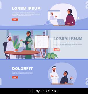 Arab business. muslim business meeting. vector horizontal banners original artwork Stock Vector