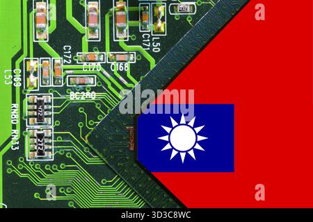 Taiwanese National Flag overlaid on PC micro chip on integrated circuit board Stock Photo