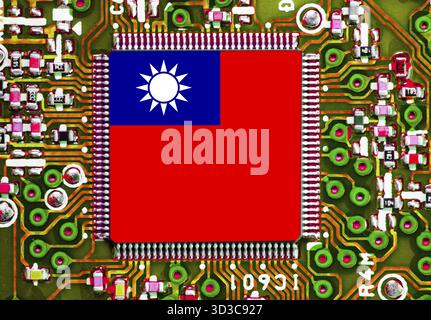 Taiwanese National Flag overlaid on PC micro chip on integrated circuit board Stock Photo