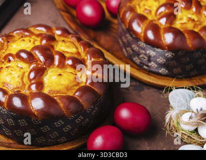 Food, Easter bread and eggs on wood Stock Photo