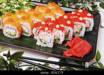 Food, Big set of rolls with wasabi and pickled ginger Stock Photo