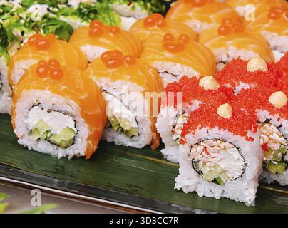 Food, Big set of rolls with wasabi and pickled ginger Stock Photo