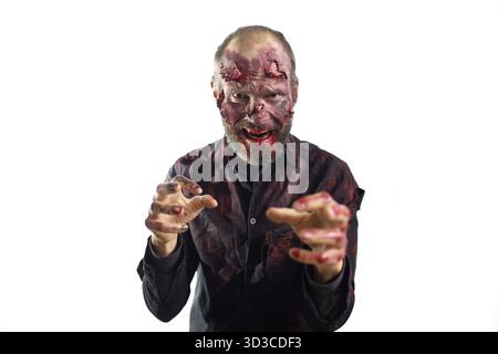 Zombie male makeup for halloween concept on white background Stock Photo