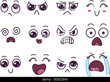 Comic cartoon emotions. Isolated emotional expressions. Face crying, angry, tired, happy, smile. Various characters design kit, vector flat clipart or Stock Vector