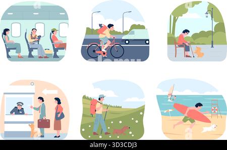 Vacations with pets. Happy owners hiking walking, rest on beach with dogs. Man travel with cat on plane or train, on railway station with puppy, recen Stock Vector
