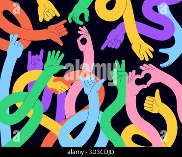 Flexible hands background. Vibrant neon hand cartoon human characters, community, people group different signs. Comic arms vector design original artw Stock Vector