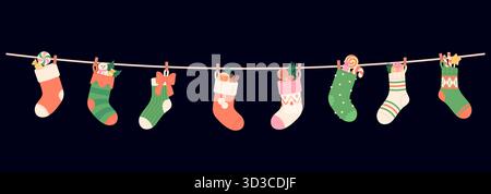 Christmas socks on rope. Fabric cotton wool sock with different gifts and sweets. Winter holidays decoration elements, candies and plants, vector desi Stock Vector