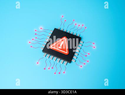 Dangerous microchip. Microchip with a critical error or defect. Cybersecurity vulnerability. Cyber threats, hacking, and information protection. Digit Stock Photo