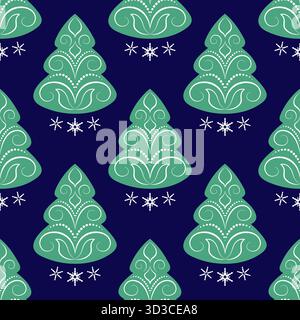 Blue green Christmas trees and snowflakes. Cozy winter holiday seamless pattern on dark blue background. Winter cold forest. Green fir trees with whit Stock Vector
