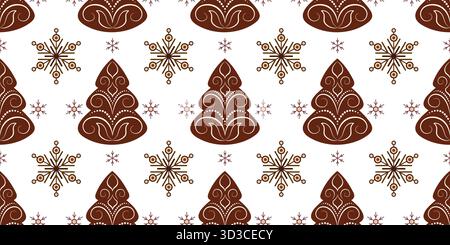 Gingerbread Christmas trees with snowflakes. Cozy winter holiday seamless pattern on white background. Brown fir tree with white curls. Warm christmas Stock Vector