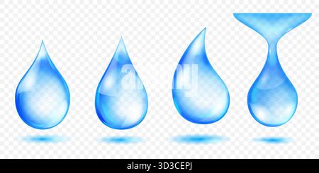 Set of drops of light blue water, with detailed highlights and gradients for a 3D effect, set against a transparent background with subtle shadow refl Stock Vector