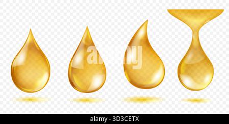 Set of drops of yellow water, with detailed highlights and gradients for a 3D effect, set against a transparent background with subtle shadow reflecti Stock Vector
