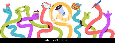 Flexible hands. Cartoon long multicolored hand hold coffee cup, megaphone burger comic abstract arm pointing finger gesture funny shape team concept, Stock Vector