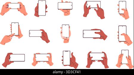 Hands holding blank phones. Hand hold smartphone horizontal vertical position, cell phone pose mockup finger touch screen gesture mobile template set, Stock Vector