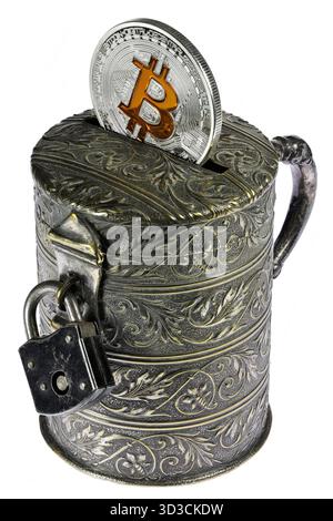 vintage coin bank with Bitcoin coin isolated on white background Stock Photo