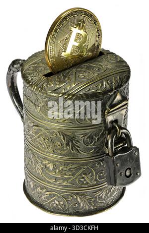vintage coin bank with Bitcoin coin isolated on white background Stock Photo