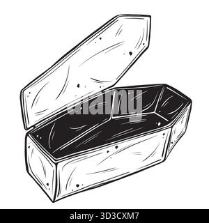 Sketch of a coffin. Hand-drawn ink vector illustration of an open casket with linear graphic elements for Halloween design, isolated on white Stock Vector