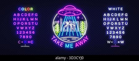 Neon sign of a glowing UFO abducting a human with forest and stars. Includes editable neon alphabet with text Take Me Away and font samples. Retro Stock Vector