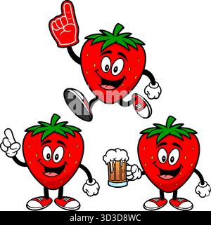 Strawberry Mascot Set 04, Hand Drawn illustrations of Strawberry Mascots in various poses. Stock Vector