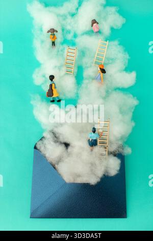 Clouds and little people on a ladder coming out of an envelope. Growth, future, development concept. Minimal business composition. Stock Photo