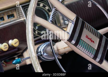 Liptovsky Hradok, Slovakia - June 18, 2022: Closeup detail to steering wheel and dashboard of old Dodge automobile displayed at veteran cars collector Stock Photo