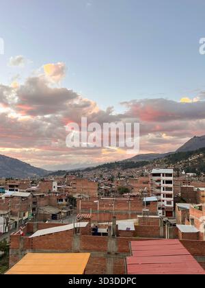 View of the city of Huaraz, in the background you can see the Andes mountain range. Huaraz, Peru Stock Photo